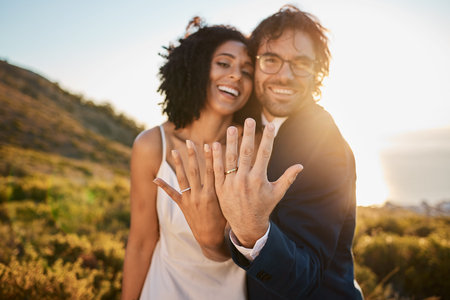 Ring, wedding or a couple of friends in nature on a romantic celebration in an interracial marriage....