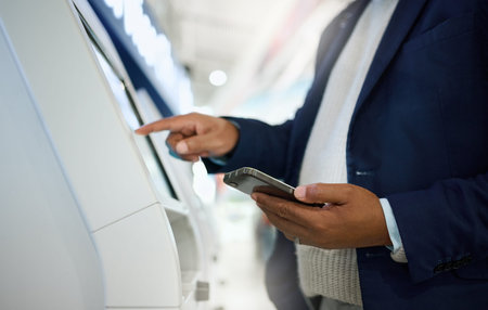 Phone, airport or hands typing on self service screen for digital identity or flight data to travel...