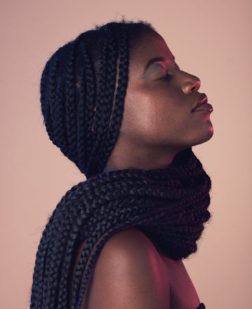 Black woman profile, face and hair with eyes closed, makeup and beauty isolated on studio...