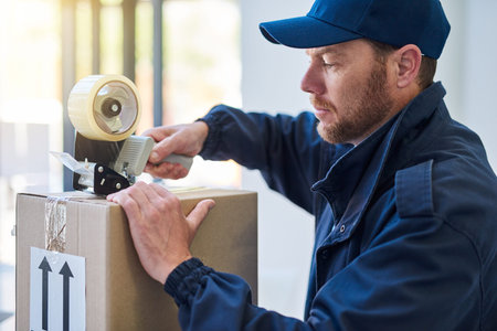 Making sure its properly sealed. a handsome delivery man sealing a package while out making...