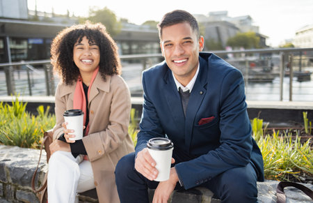 Businessman, black woman and portrait with coffee in city for break, friends or lunch chat with...