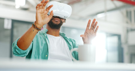 Virtual reality metaverse, augmented reality vr and black man work on cyber dashboard, digital...