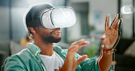 Virtual reality, vr metaverse and black man work on cyber dashboard, augmented reality or ai...