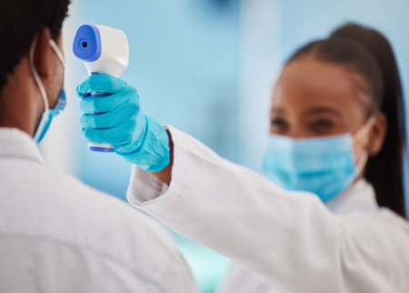 Doctor, patient and Covid 19, healthcare and thermometer for temperature check zoom and black people...