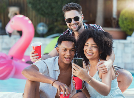 Selfie, party and fun with friends outdoor in summer taking a picture together for social media....