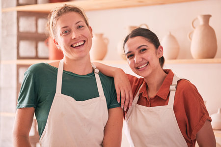 Pottery, friends and portrait of women for small business, artistic startup and creative workshop....