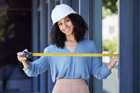 Construction worker, happy in portrait with black woman and tape measure, architecture and building...
