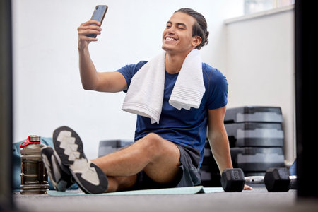 Fitness, happy man and selfie for social media or profile picture with towel after workout exercise...