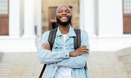 Portrait, education and proud man, university and student at campus for learning, future and goals. Face, learner and college, scholarship and young guy smile, study and knowledge, academic and goalsの写真素材