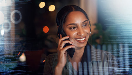 Digital, overlay or black woman with phone call for communication, networking or contact us at...