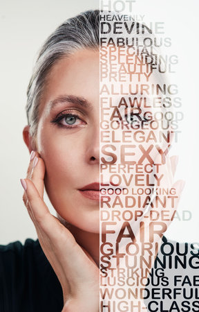 Senior woman, elegant and portrait in text, collage or letters of empowerment or message isolated on a background. Elderly female with words overlay on face for beauty reminder, self worth or loveの写真素材