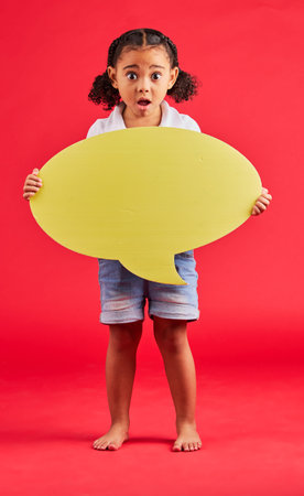 Shocked, kid or portrait of speech bubble ideas, opinion or vote on isolated red background in...