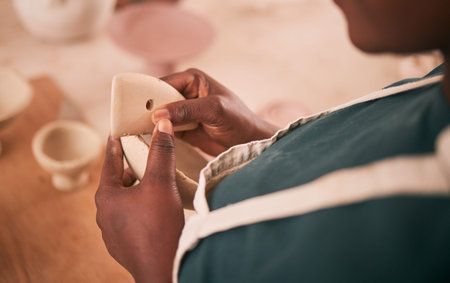 Art, pottery zoom and black woman hands in creative workshop with ceramics, sculpting and...