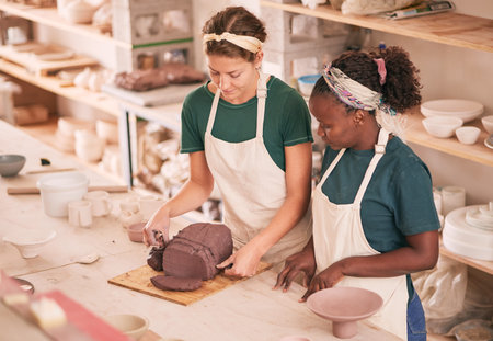 Art business and team training with clay for sculpting preparation process and productivity in...
