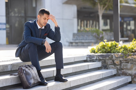 Stairs, mental health and sad business man fired for trading investment fail, unemployment crisis or trader mistake. Depression mockup, office building or person with lost job over stock market crashの写真素材