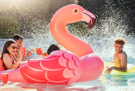 Pool, flamingo and friends at a party with drinks happy in the water with a splash outdoor....