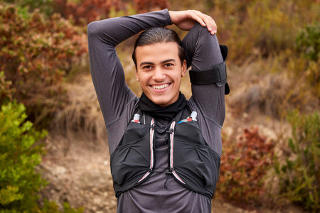 Stretching, fitness and portrait of man in nature training, exercise or workout sports, runner or...