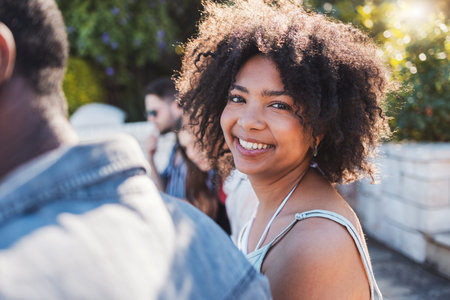 Happy, smile and portrait of a black woman at a party to relax with friends on a holiday in Miami....