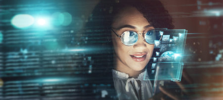 Black woman, overlay and future tech in office for finance research, data analytics or digital job...