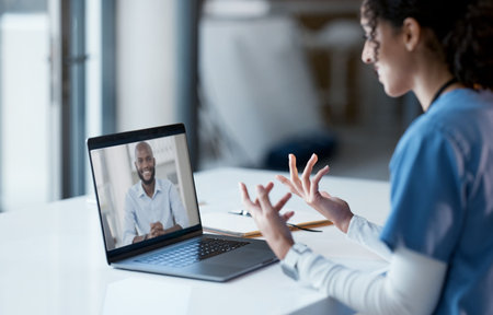 Video call, laptop and doctor consulting patient online, virtual healthcare or telehealth service...