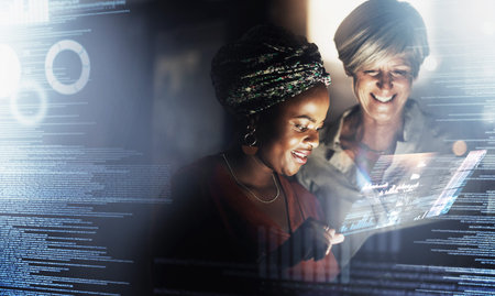 Overlay, fintech or business women on tablet for global finance on crypto, futuristic big data or...