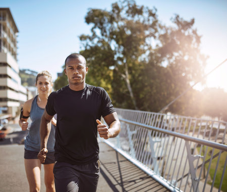 Fit and focused. two young people talking a run in the city.