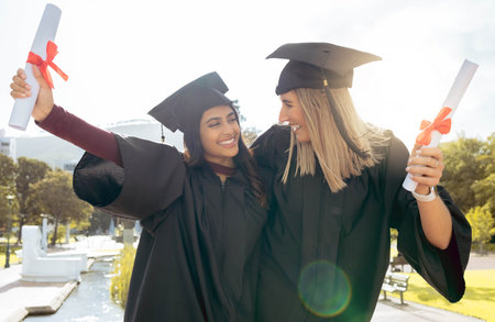 Graduation, celebration and friends with diploma, success and pride. Happy women, graduate students...