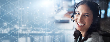 Portrait, overlay or happy woman in a telemarketing call center smiles helping, talking or...