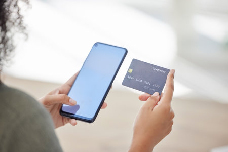 Phone screen, woman with credit card and ecommerce with online shopping zoom, finance and payment with bank app. Service, transaction and customer hands, internet and banking, retail and sale mockupの写真素材