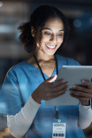 Black woman, nurse and tablet in night planning, medical research or surgery ideas schedule. Smile,...