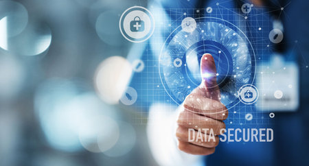 Doctor, thumb or fingerprint scan of dna, healthcare data or medical profile on interactive,...