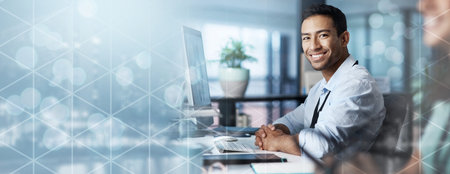 Portrait, overlay or businessman typing on computer or networking online in a office building for...