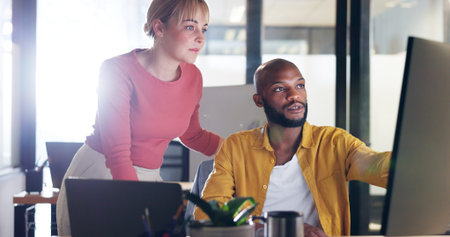 Corporate black man, woman and point at computer, schedule or planning for learning at marketing...