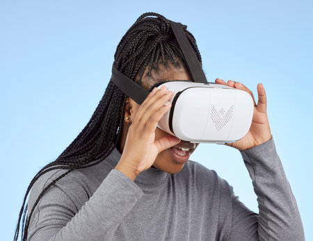 Vr, gaming and digital with black woman and metaverse for future, cyber and 3d system. Media, ui and...