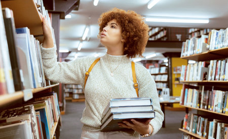 Woman, book search and library shelf for study, project or learning with education development for...