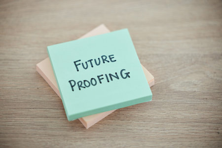 Sticky note, planning and schedule or desk text for writing or business growth ready for change....