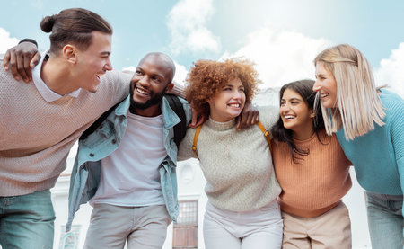 Student, friends and happy people with diversity, happiness and university support. Students...