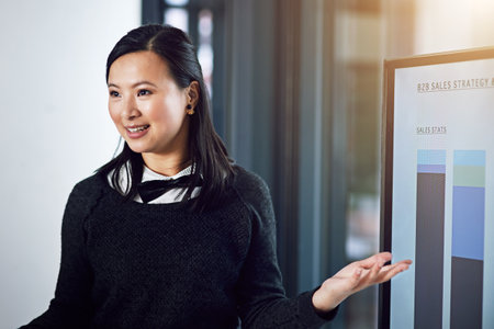 Positivity and productivity go hand in hand. a young businesswoman giving a presentation in the boardroom.の写真素材