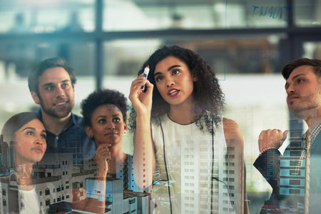 Business people, writing and team planning, brainstorming or schedule for corporate strategy in...