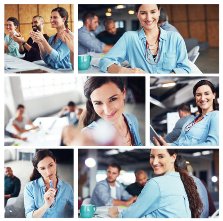 Doing business in the boardroom. Composite image of businesspeople in the office.の写真素材