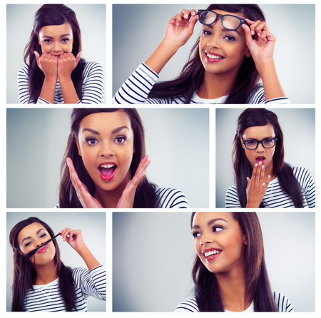 The many moods of me. Composite image of an attractive young woman posing in the studio.の写真素材