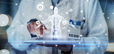 Tablet, hands or doctor with human body hologram for futuristic research, 3d ai analysis or hospital...