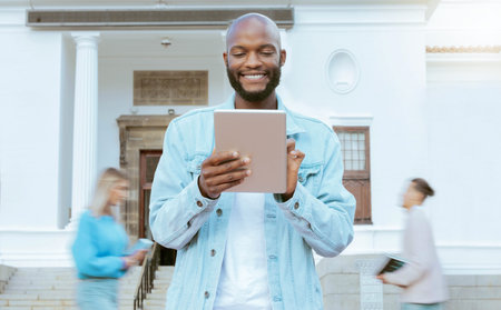 Black man, university student and tablet at outdoor campus with smile, learning and opportunity for...