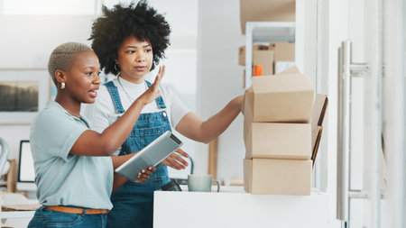 Ecommerce planning, tablet shipping and women talking about delivery box, collaboration with stock...