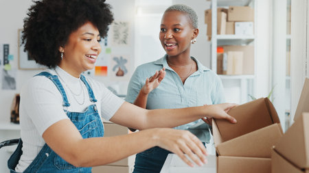 Women, digital tablet and ecommerce shipping boxes in logistics office, creative startup and e...