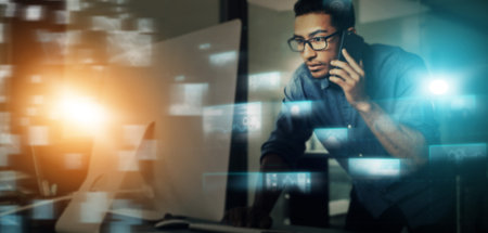 Hologram, computer data and businessman phone call reading digital data with future overlay. It,...