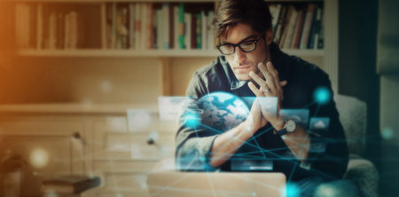 Business man with Earth hologram, futuristic technology and ai, global and tech transformation...