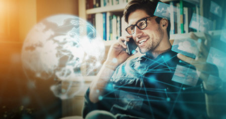 World hologram, digital transformation and futuristic, man and phone call, communication and cyber...