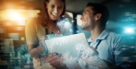 Creative business people, tablet and digital marketing for global or future networking and collaboration at night in double exposure. Developing team in startup strategy for big data or 3D on overlayの写真素材