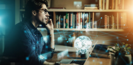 Digital transformation, world hologram and man with phone call, business communication and cyber...